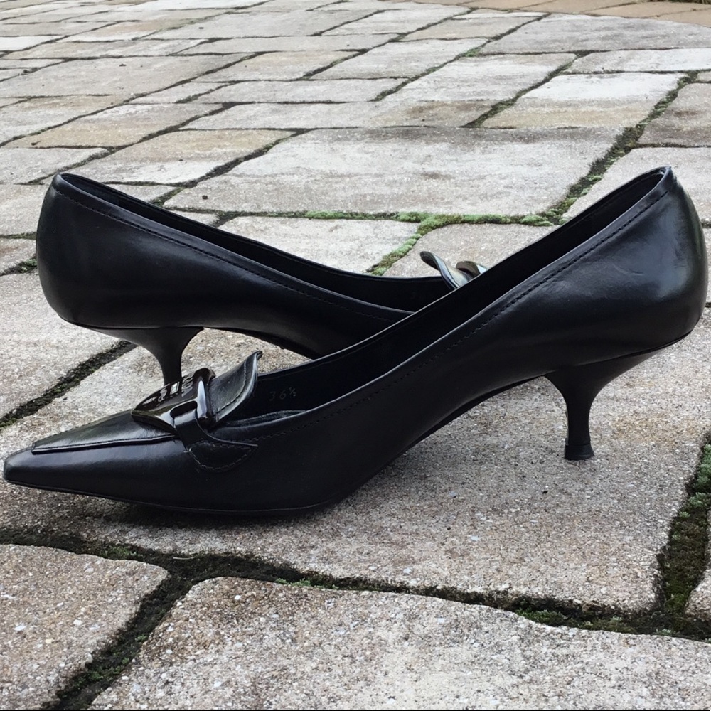 Prada Black Leather Pointy Toe Kitten Heels